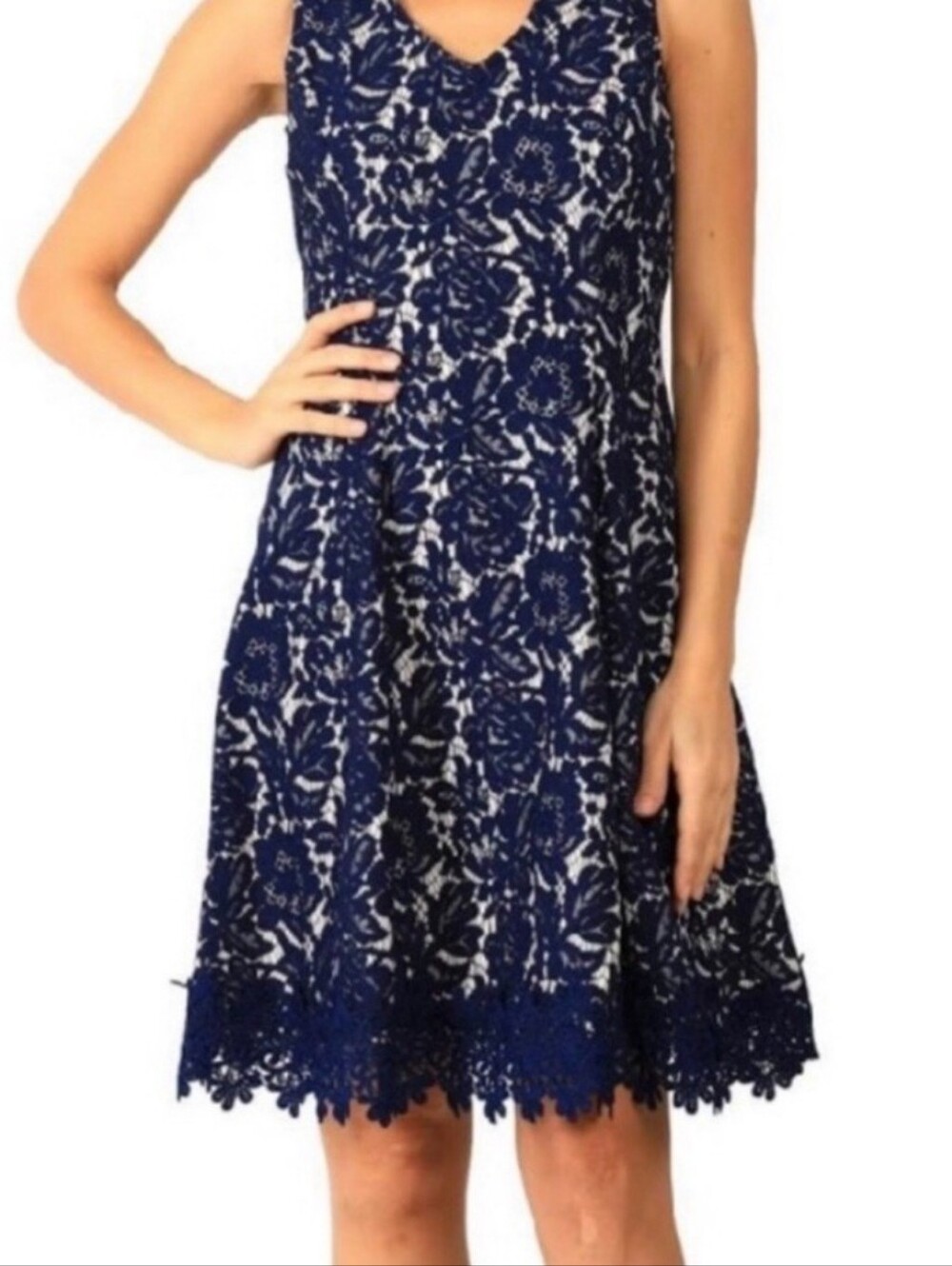 Roz & Ali Navy & White Floral Lace Midi Dress